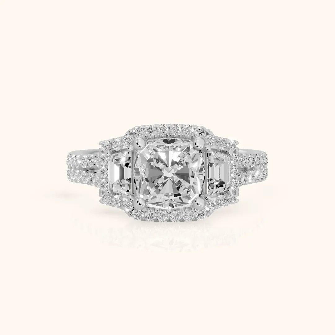 Ronan Three-Stone Halo Cushion Diamond Engagement Ring in Platinum — view 2
