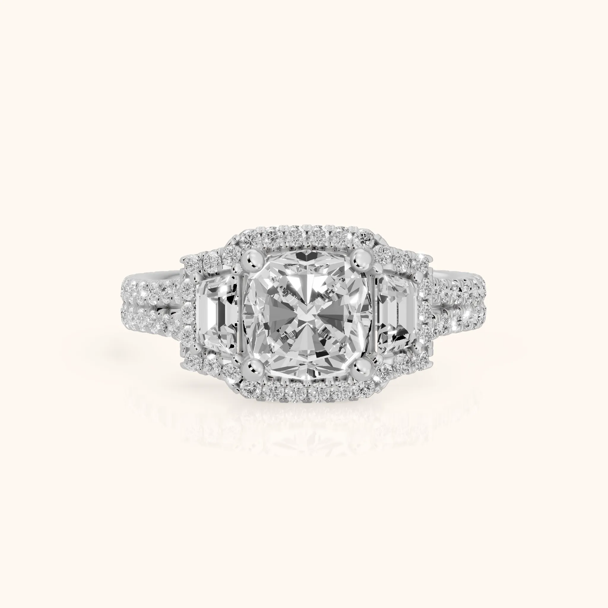 Ronan Three-Stone Halo Cushion Diamond Engagement Ring in Platinum — view 1