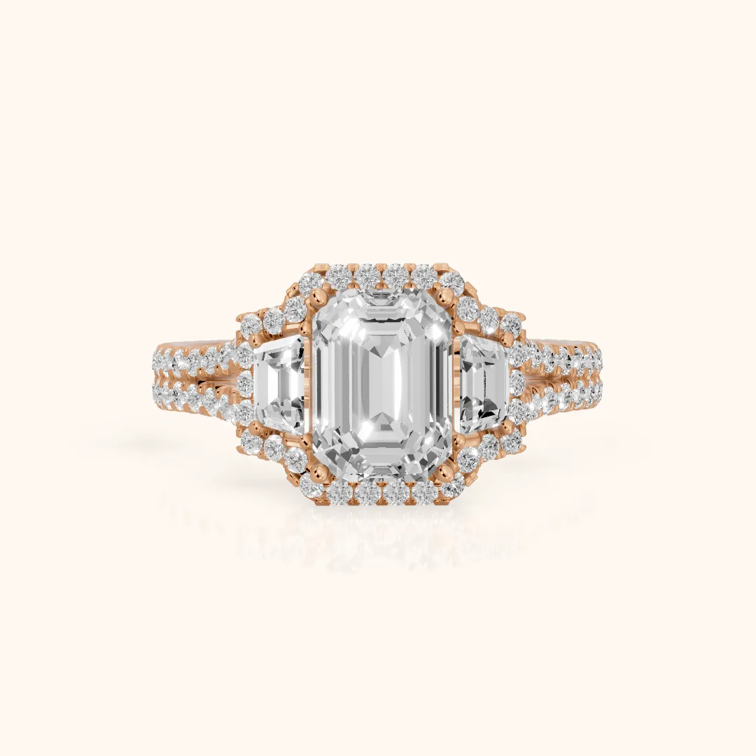 Ronan Three-Stone Halo Emerald Diamond Engagement Ring in Rose Gold — view 2