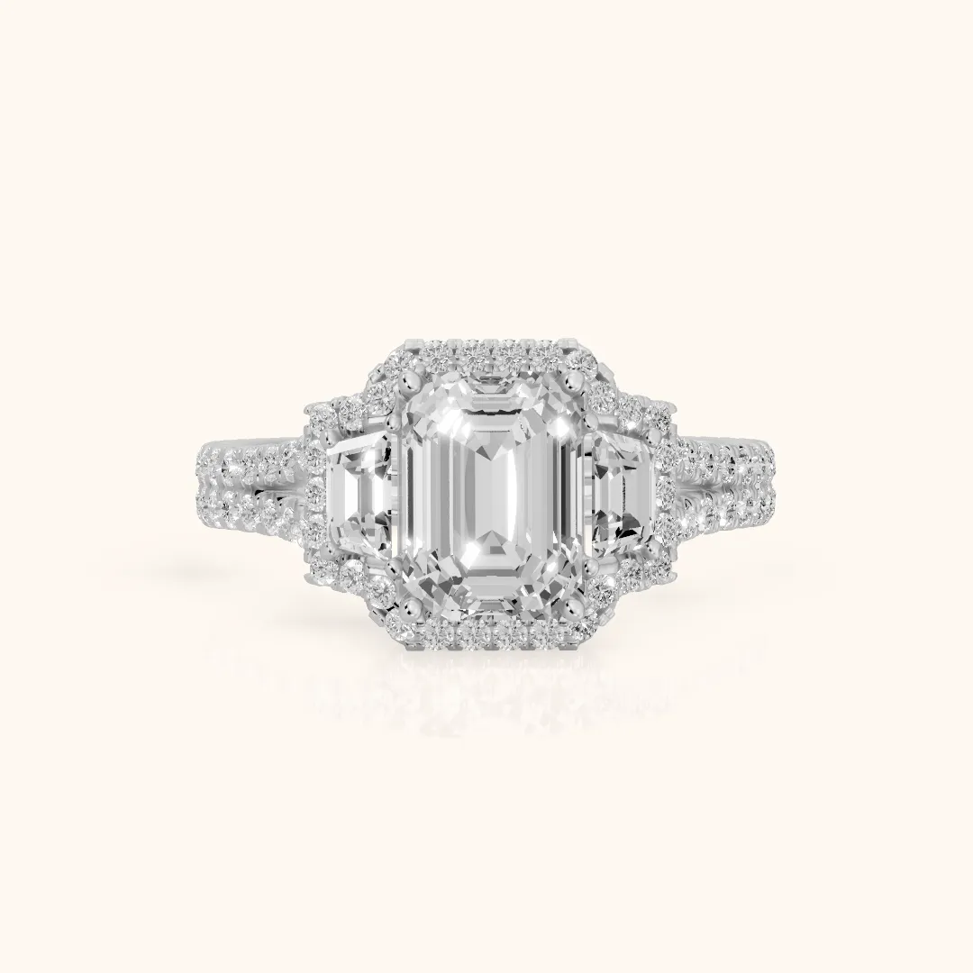 Ronan Three-Stone Halo Emerald Diamond Engagement Ring in Platinum — view 2