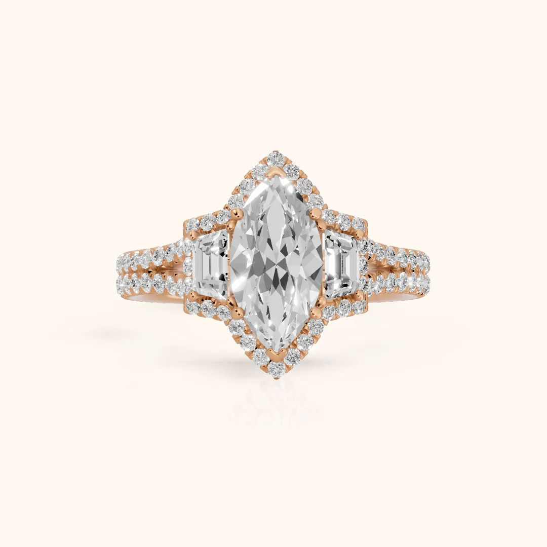 Ronan Three-Stone Halo Marquise Diamond Engagement Ring in Rose Gold — view 2