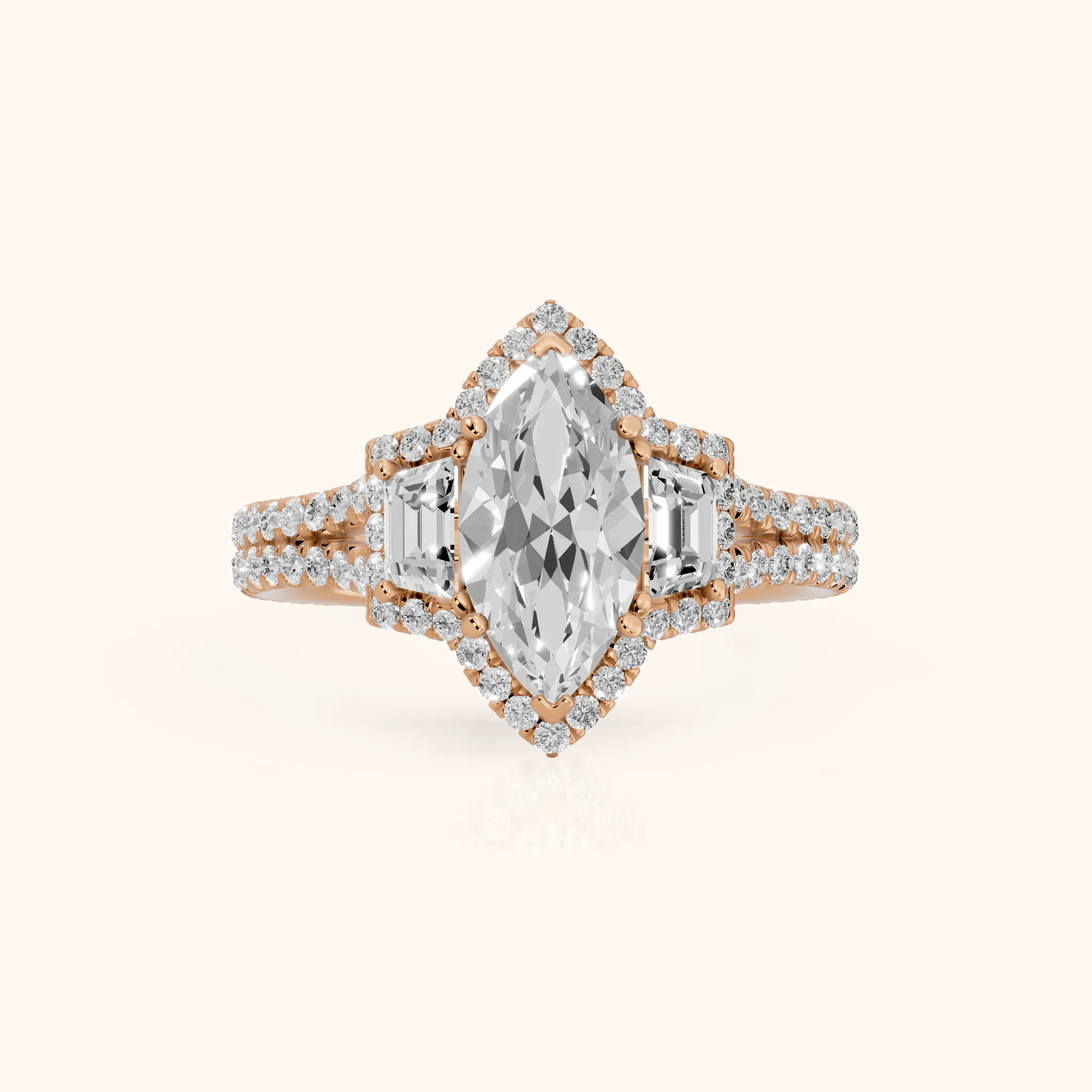 Ronan Three-Stone Halo Marquise Diamond Engagement Ring in Rose Gold — view 1