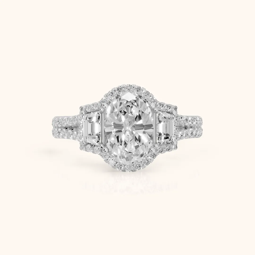 Ronan Three-Stone Halo Oval Diamond Engagement Ring in Silver — view 2