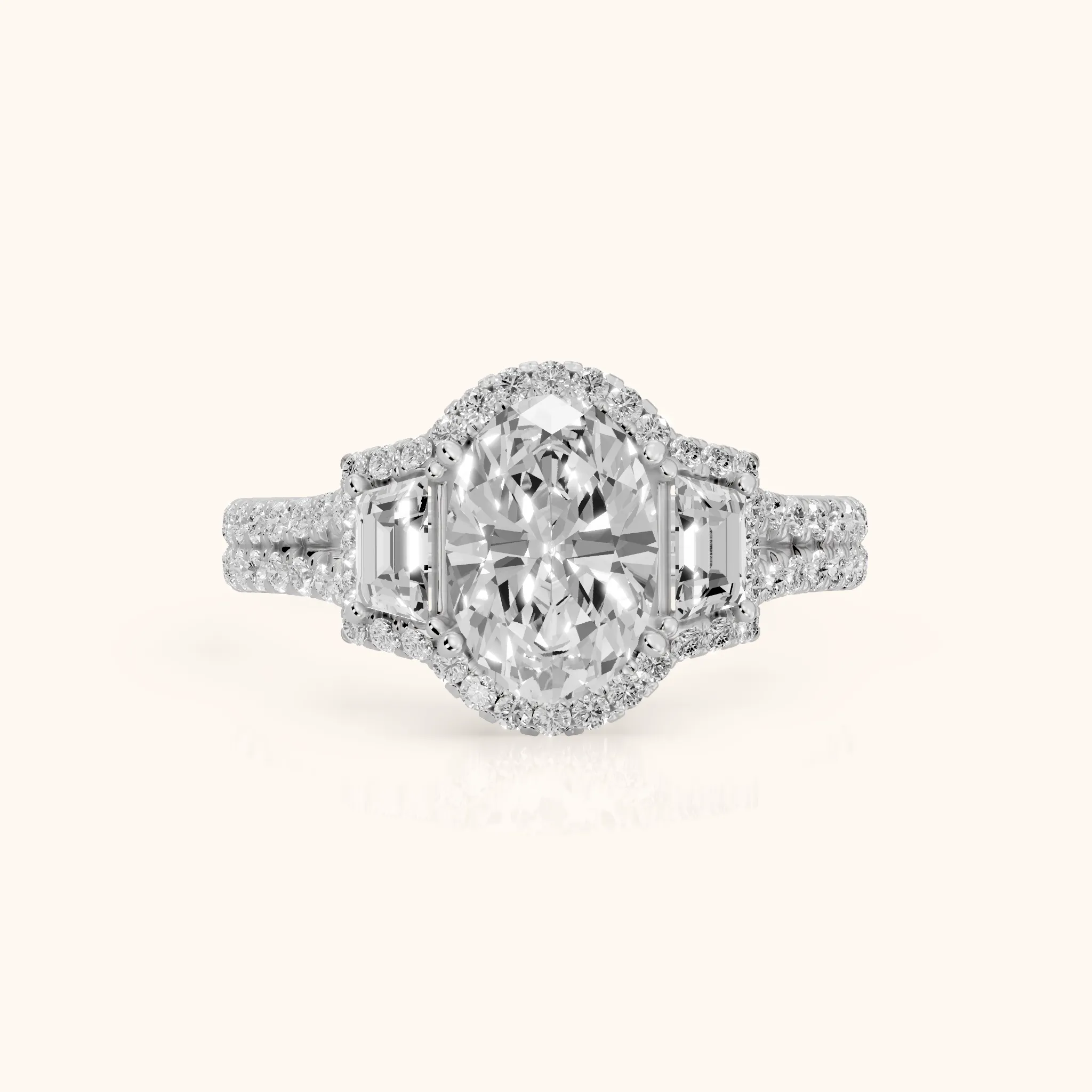 Ronan Three-Stone Halo Oval Diamond Engagement Ring in Silver — view 1