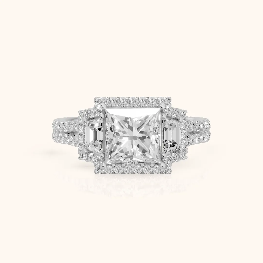 Ronan Three-Stone Halo Princess Diamond Engagement Ring in Silver — view 2