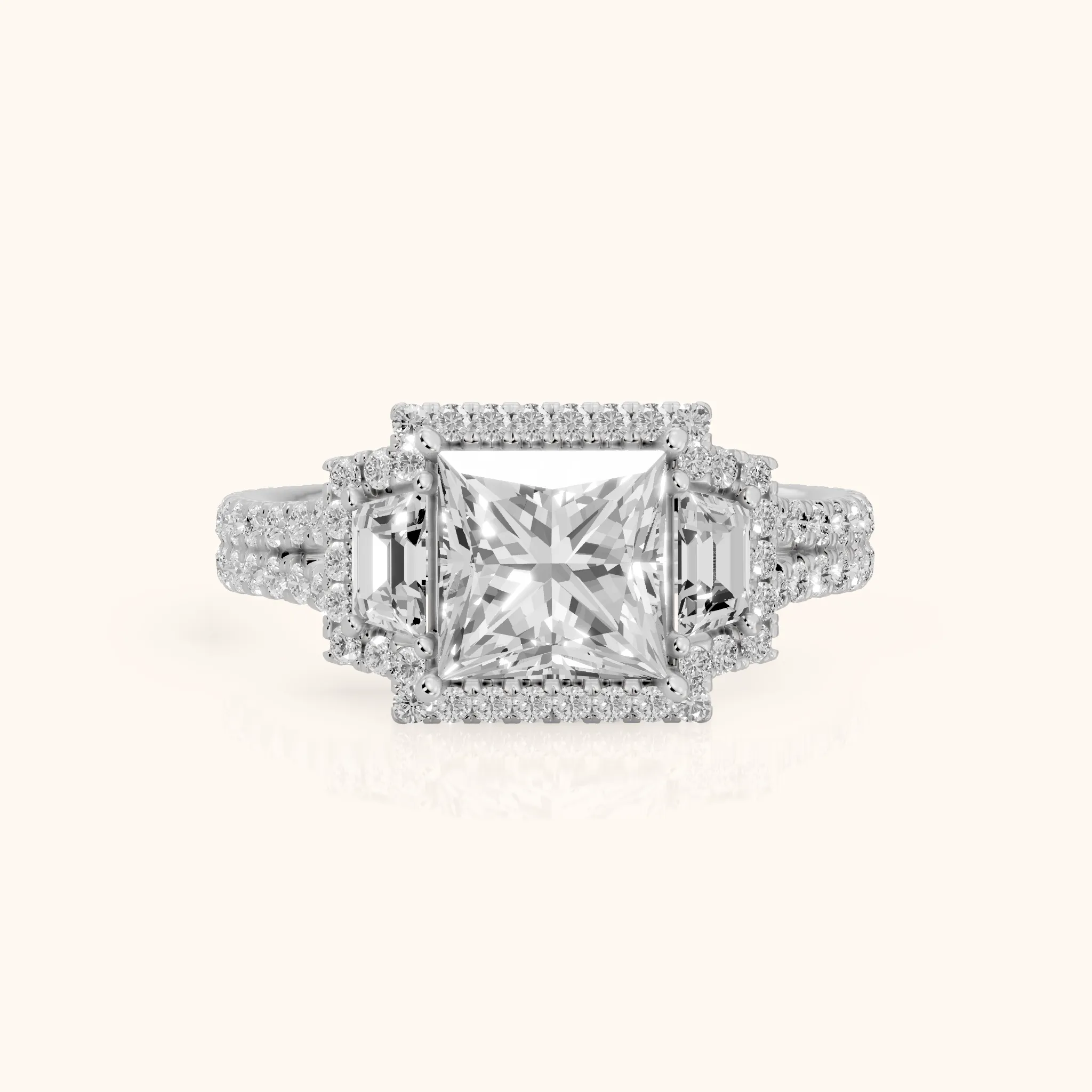 Ronan Three-Stone Halo Princess Diamond Engagement Ring in Silver — view 1