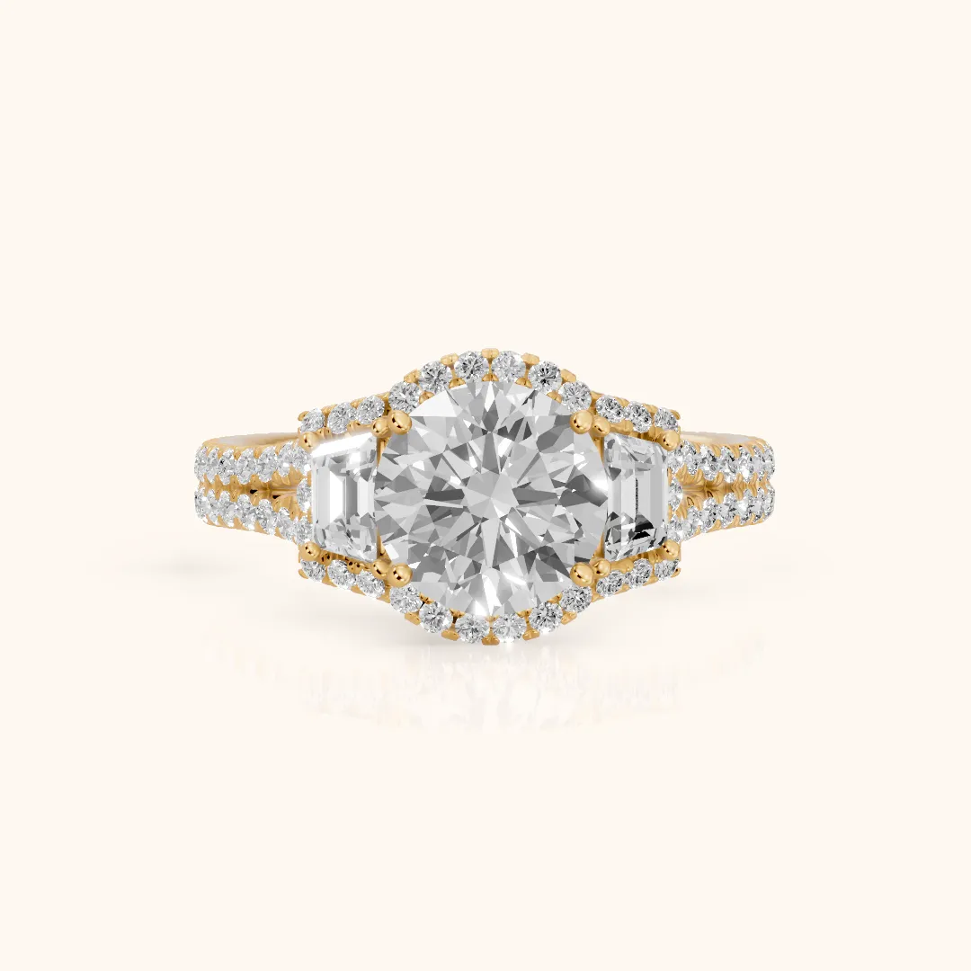 Ronan Three-Stone Halo Round Diamond Engagement Ring in Yellow Gold — view 2