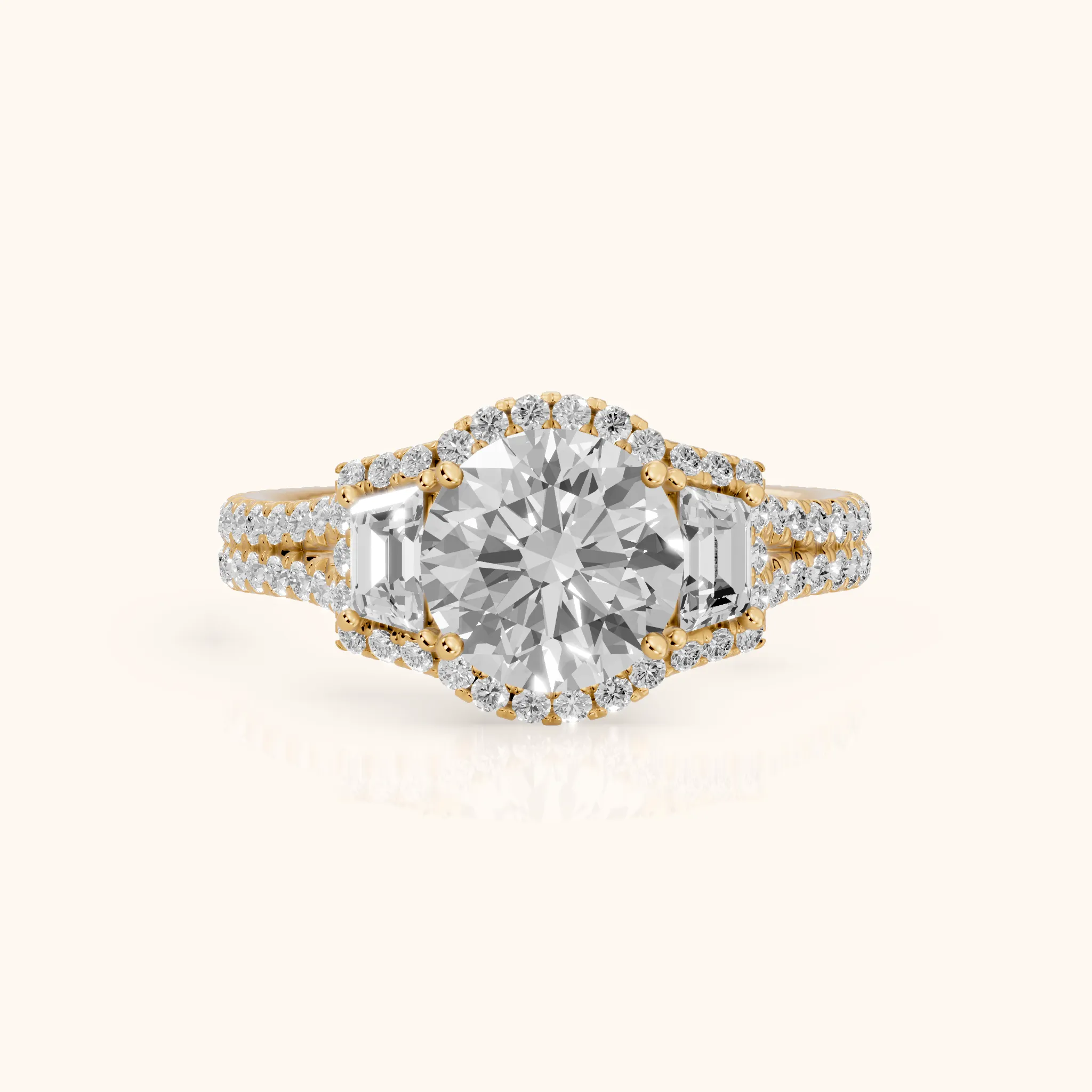 Ronan Three-Stone Halo Round Diamond Engagement Ring in Yellow Gold — view 1