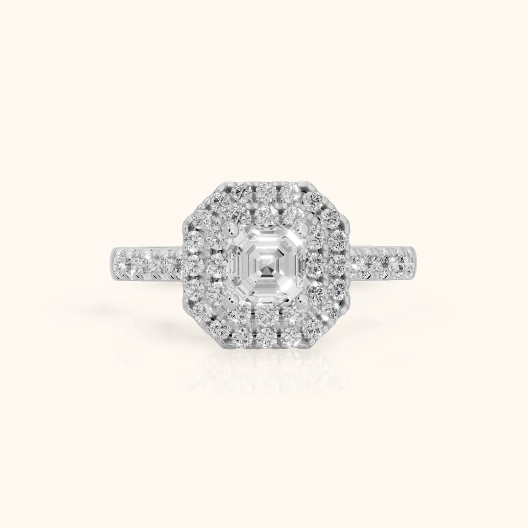 Ashby Double Halo Pavé Asscher Diamond Engagement Ring in White Gold — view 2