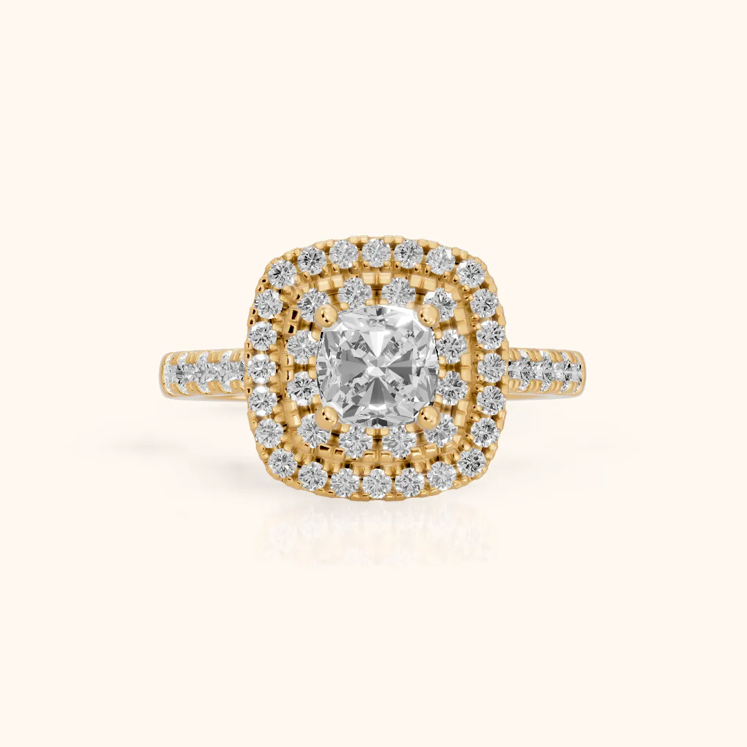 Ashby Double Halo Pavé Cushion Diamond Engagement Ring in Yellow Gold — view 2