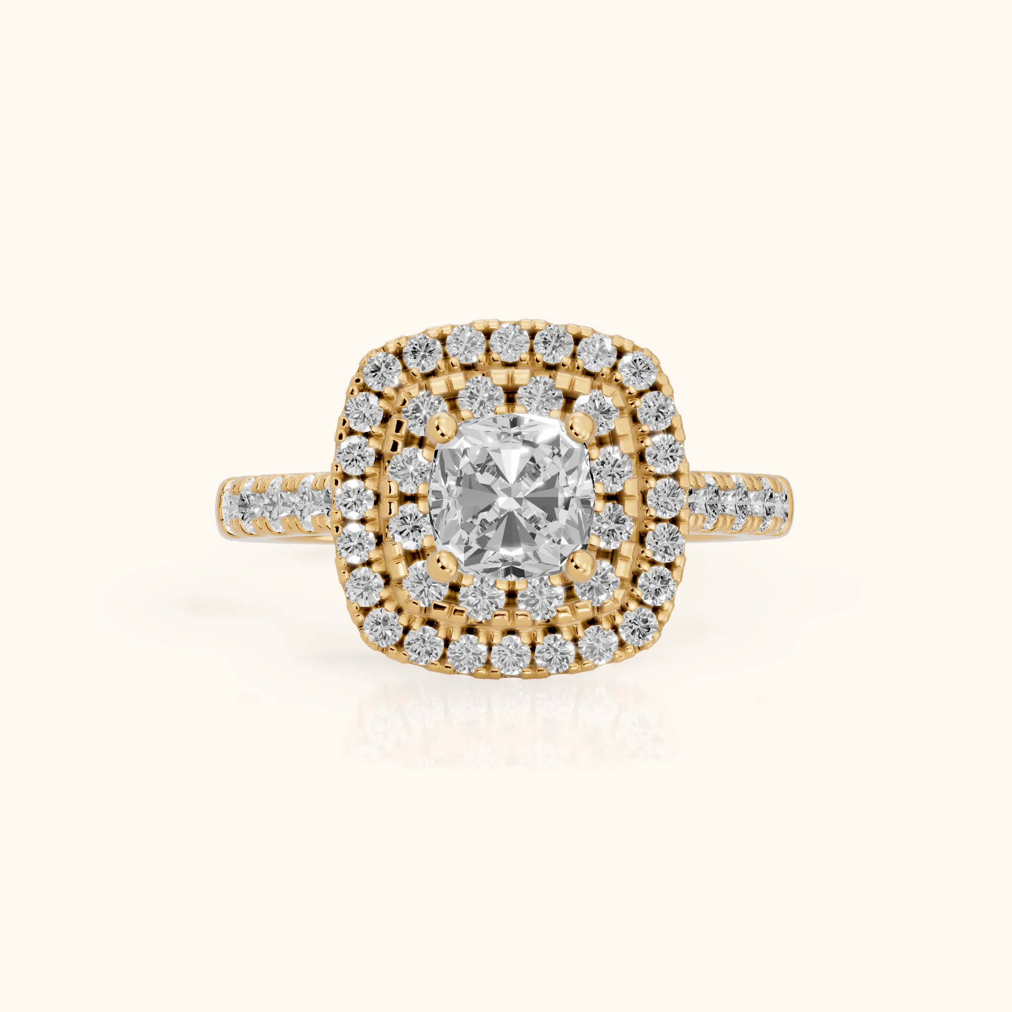 Ashby Double Halo Pavé Cushion Diamond Engagement Ring in Yellow Gold — view 1