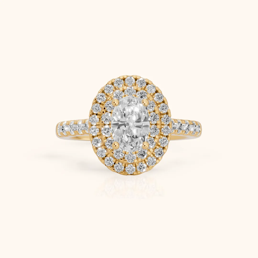 Ashby Double Halo Pavé Oval Diamond Engagement Ring in Yellow Gold — view 2