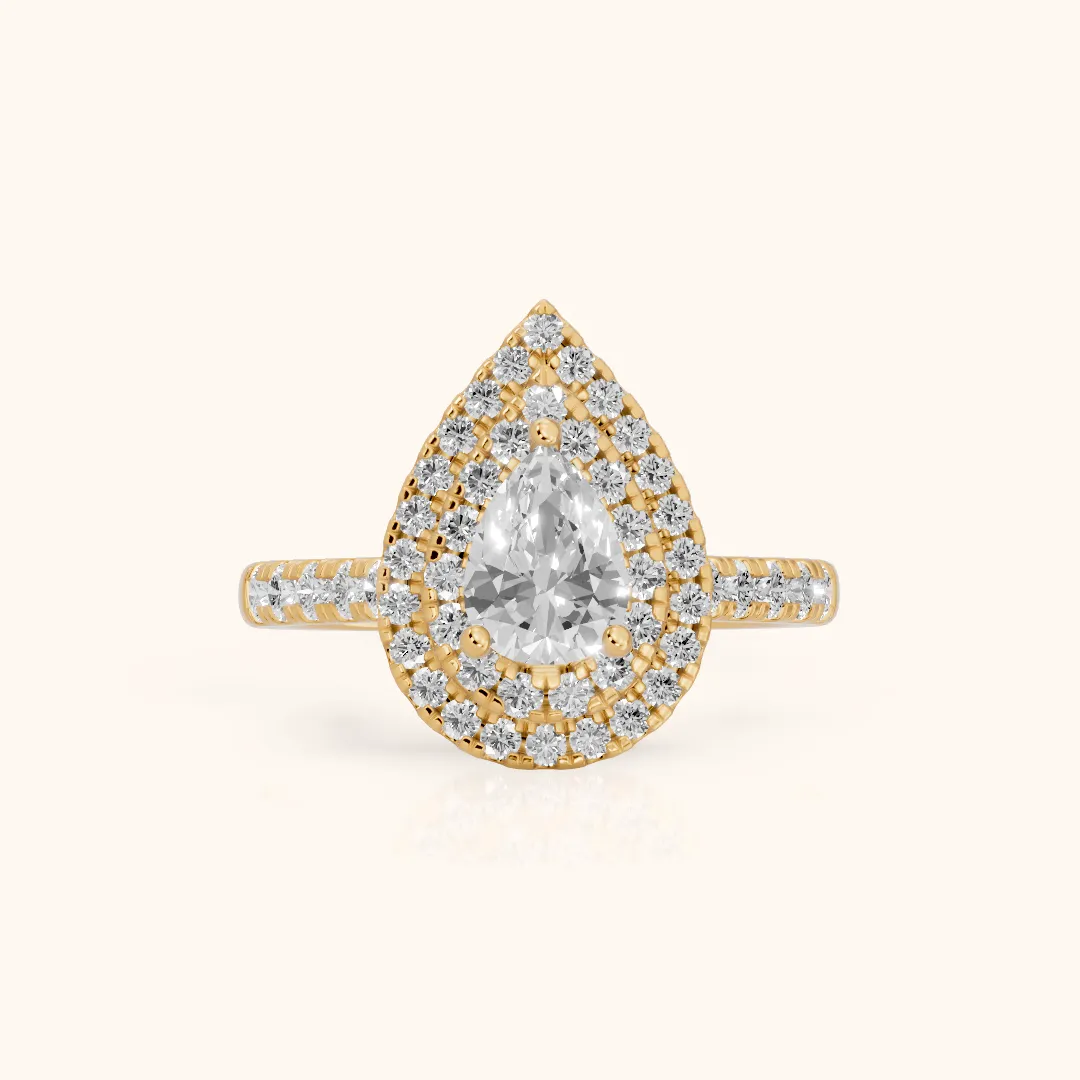 Ashby Double Halo Pavé Pear Diamond Engagement Ring in Yellow Gold — view 2