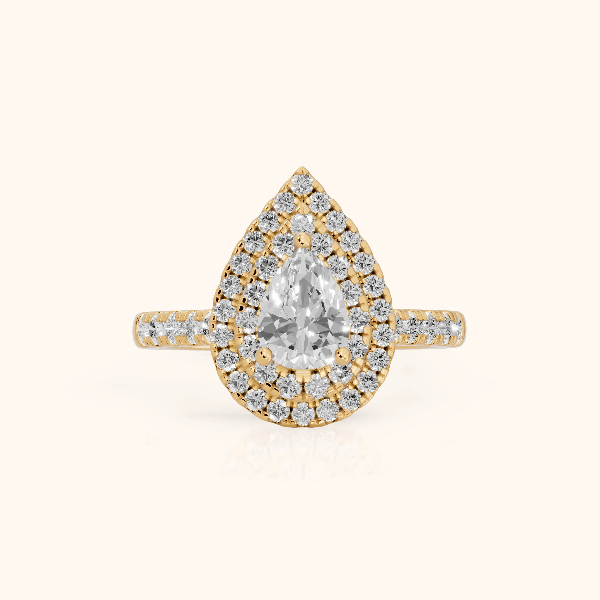 Ashby Double Halo Pavé Pear Diamond Engagement Ring in Yellow Gold — view 1