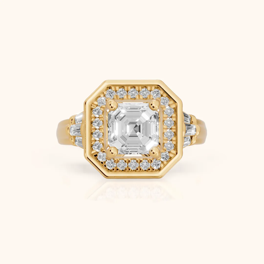 Milan Deco Halo Asscher Diamond Engagement Ring in Yellow Gold — view 2