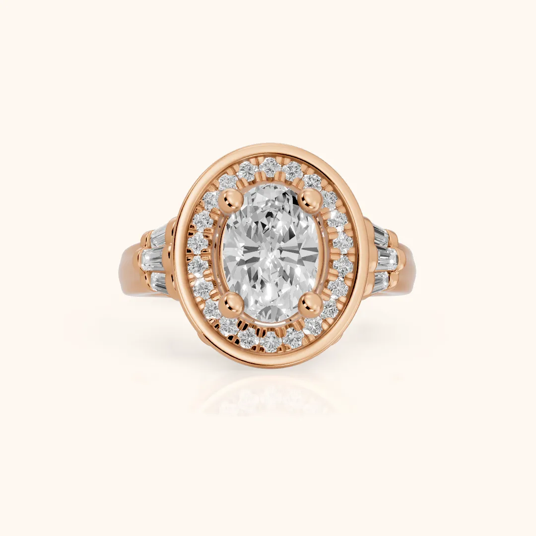 Milan Deco Halo Oval Diamond Engagement Ring in Rose Gold — view 2