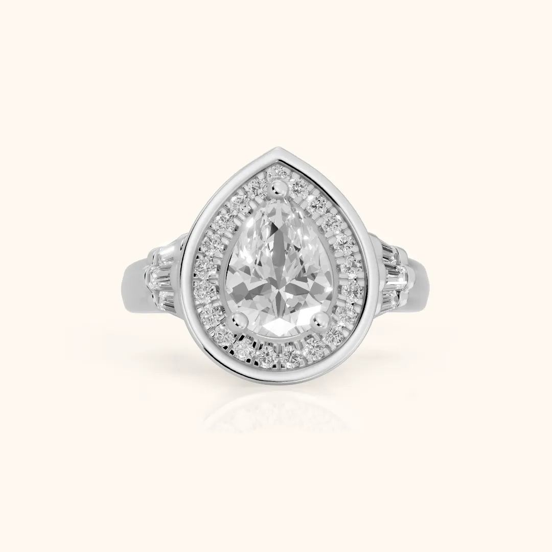 Milan Deco Halo Pear Diamond Engagement Ring in White Gold — view 2