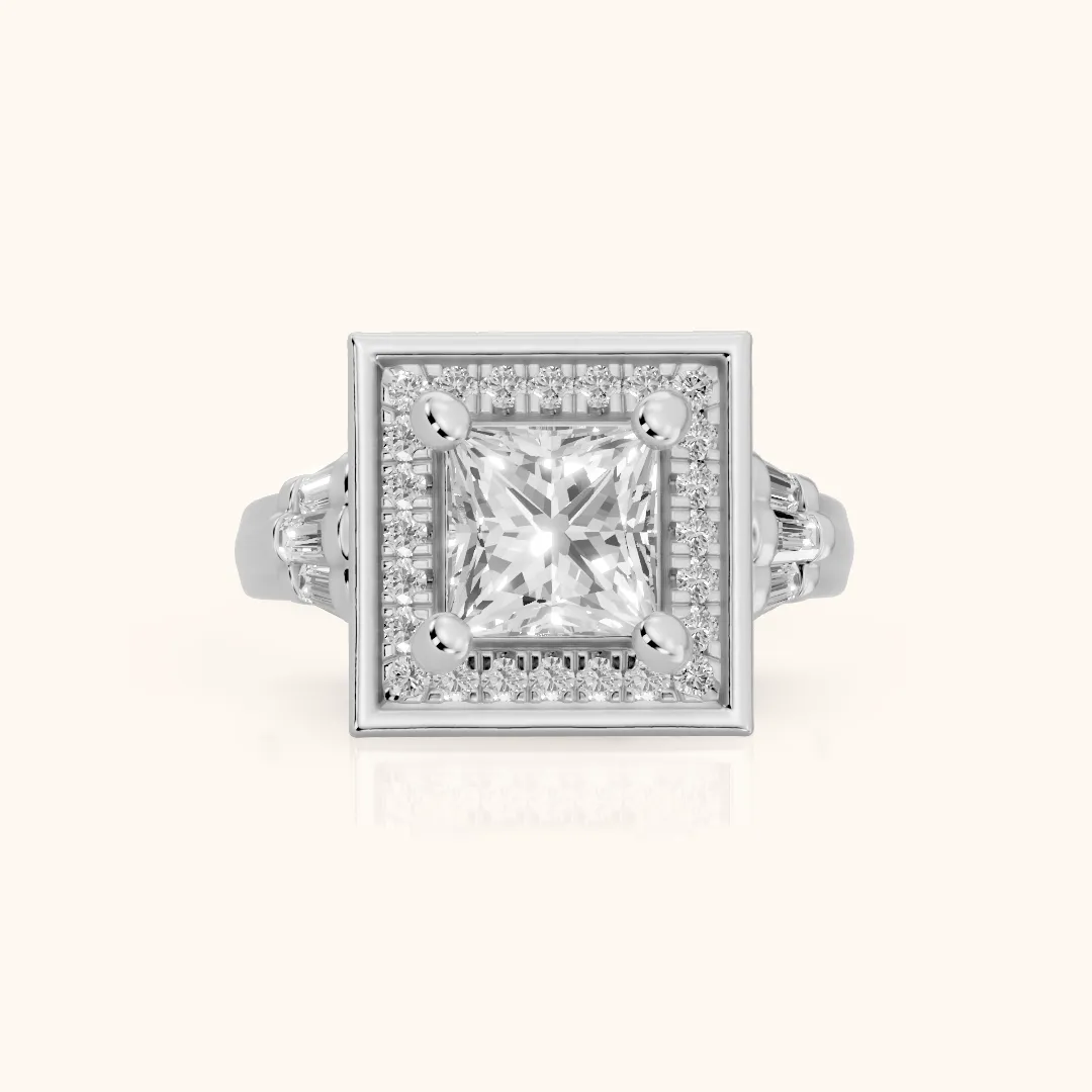 Milan Deco Halo Princess Diamond Engagement Ring in White Gold — view 2