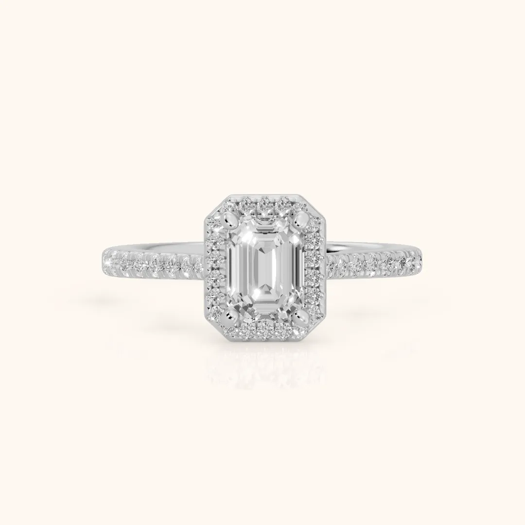 Pasco Halo Micropavé Emerald Diamond Engagement Ring in Silver — view 2
