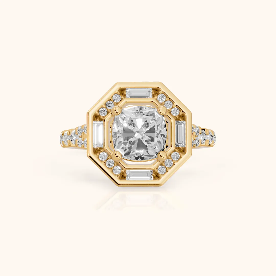 Berea Deco Halo Cushion Diamond Engagement Ring in Yellow Gold — view 2