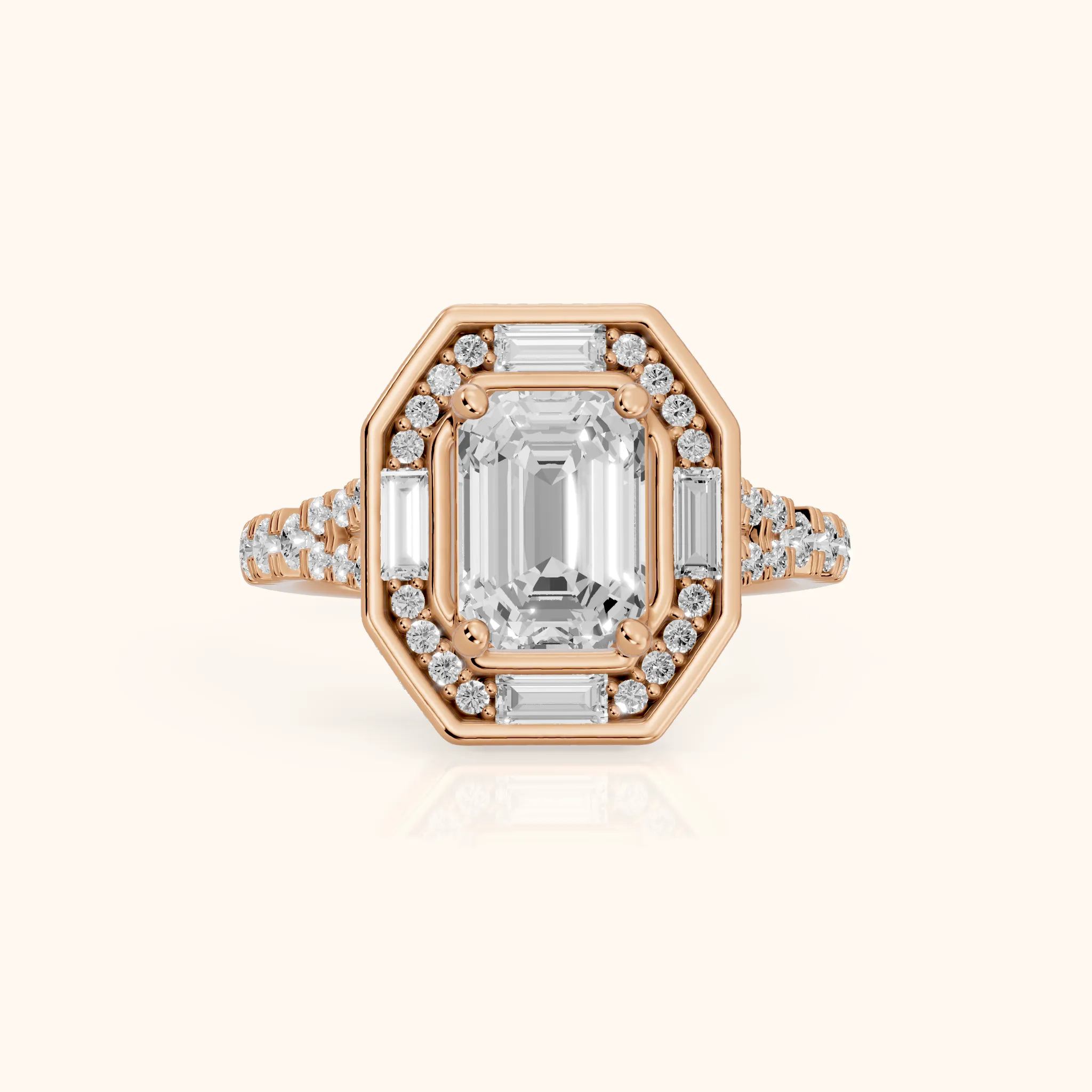 Berea Deco Halo Emerald Diamond Engagement Ring in Rose Gold — view 1