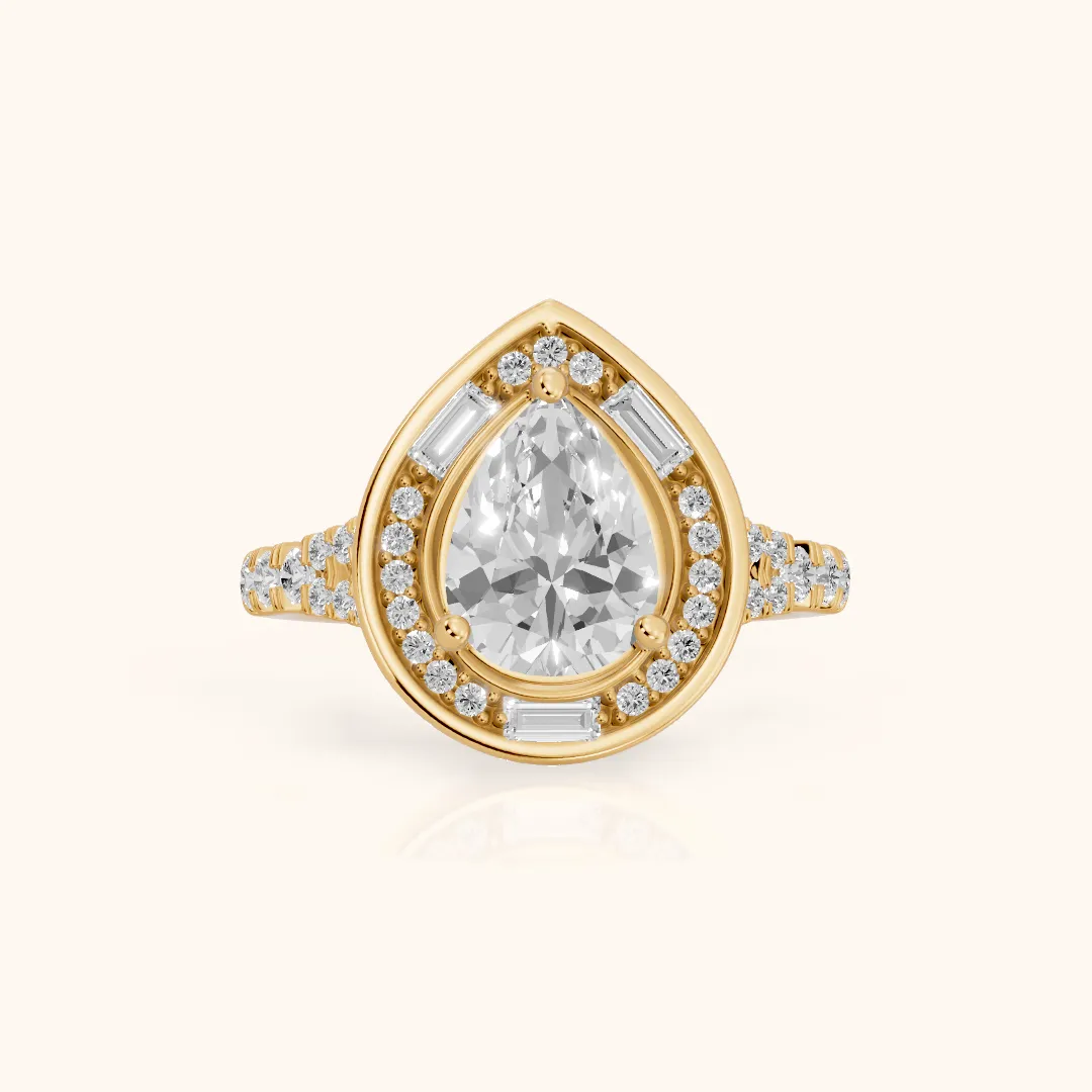 Berea Deco Halo Pear Diamond Engagement Ring in Yellow Gold — view 2
