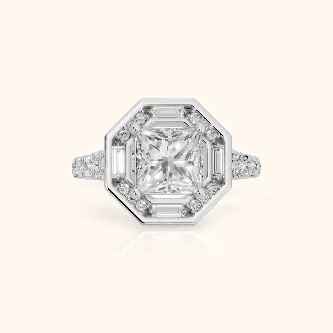 Berea Deco Halo Princess Diamond Engagement Ring in White Gold — view 2