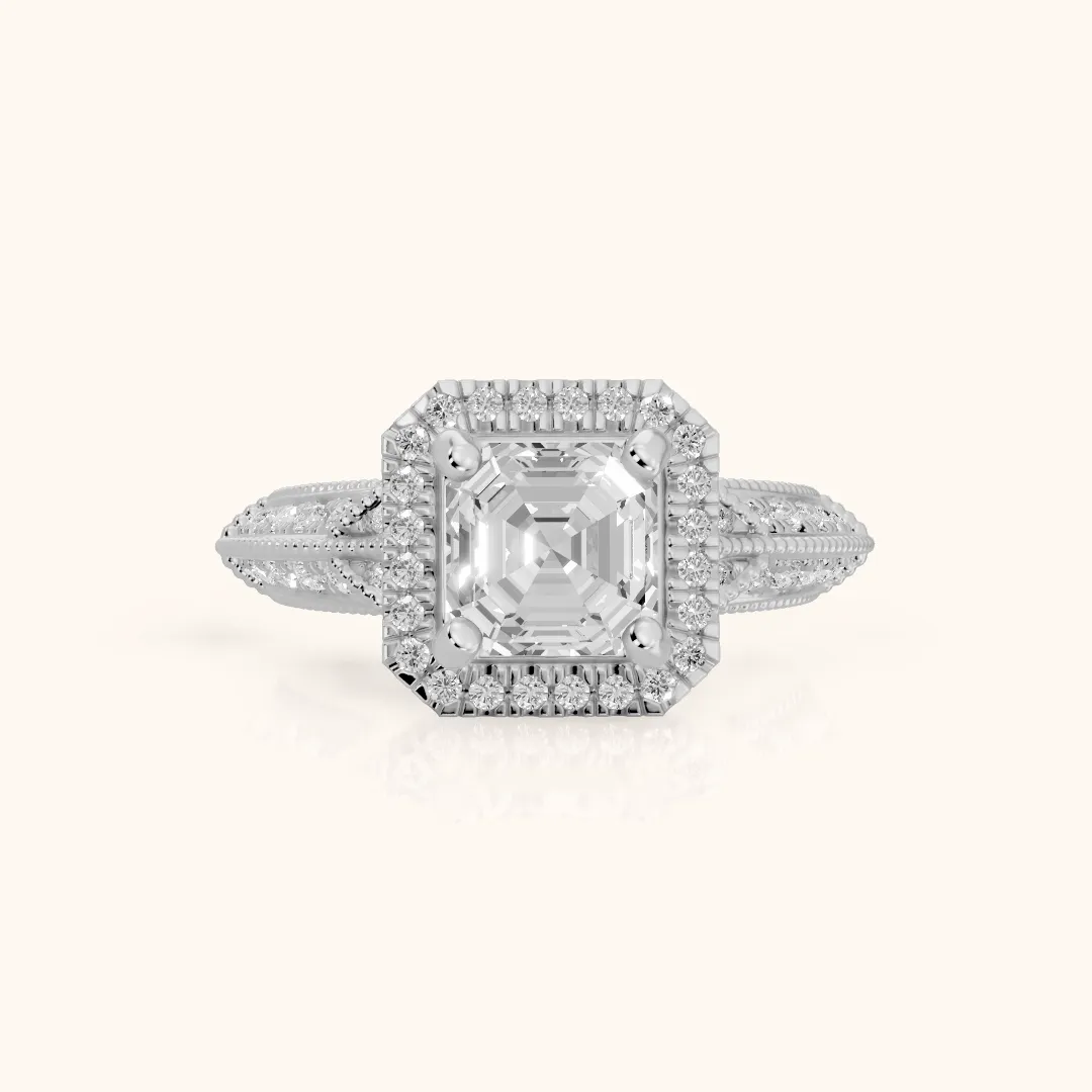 Logan Milgrain Halo Asscher Diamond Engagement Ring in Platinum — view 2