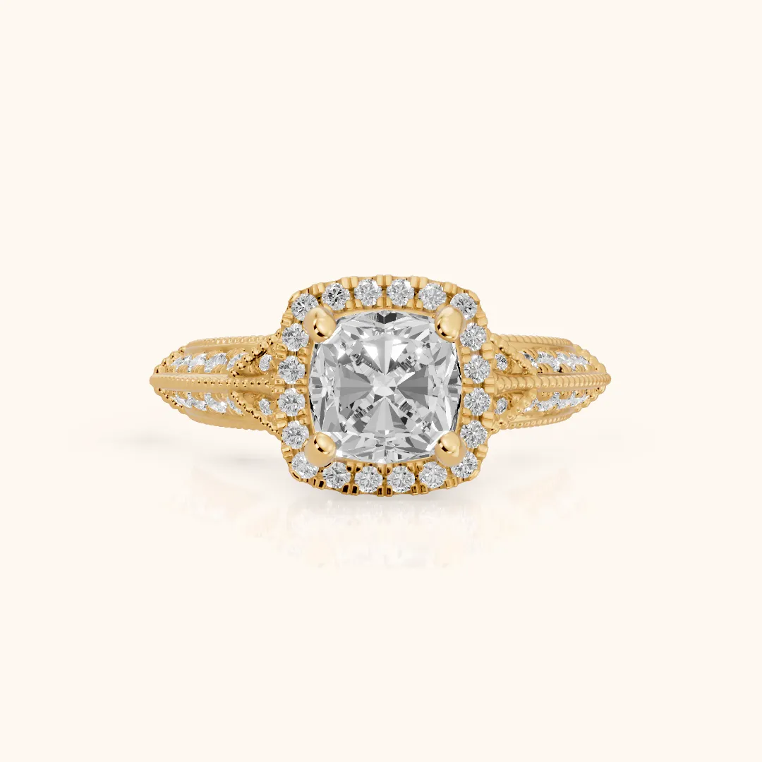 Logan Milgrain Halo Cushion Diamond Engagement Ring in Yellow Gold — view 2