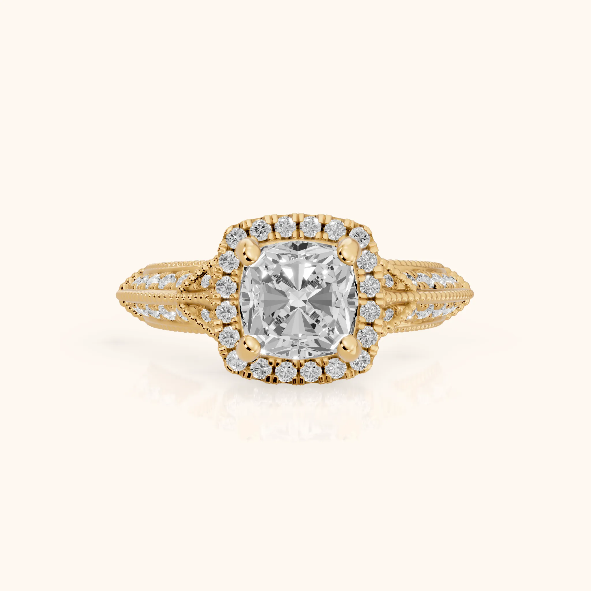 Logan Milgrain Halo Cushion Diamond Engagement Ring in Yellow Gold — view 1