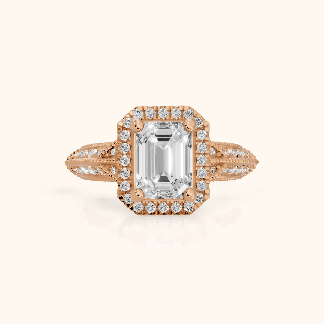 Logan Milgrain Halo Emerald Diamond Engagement Ring in Rose Gold — view 2