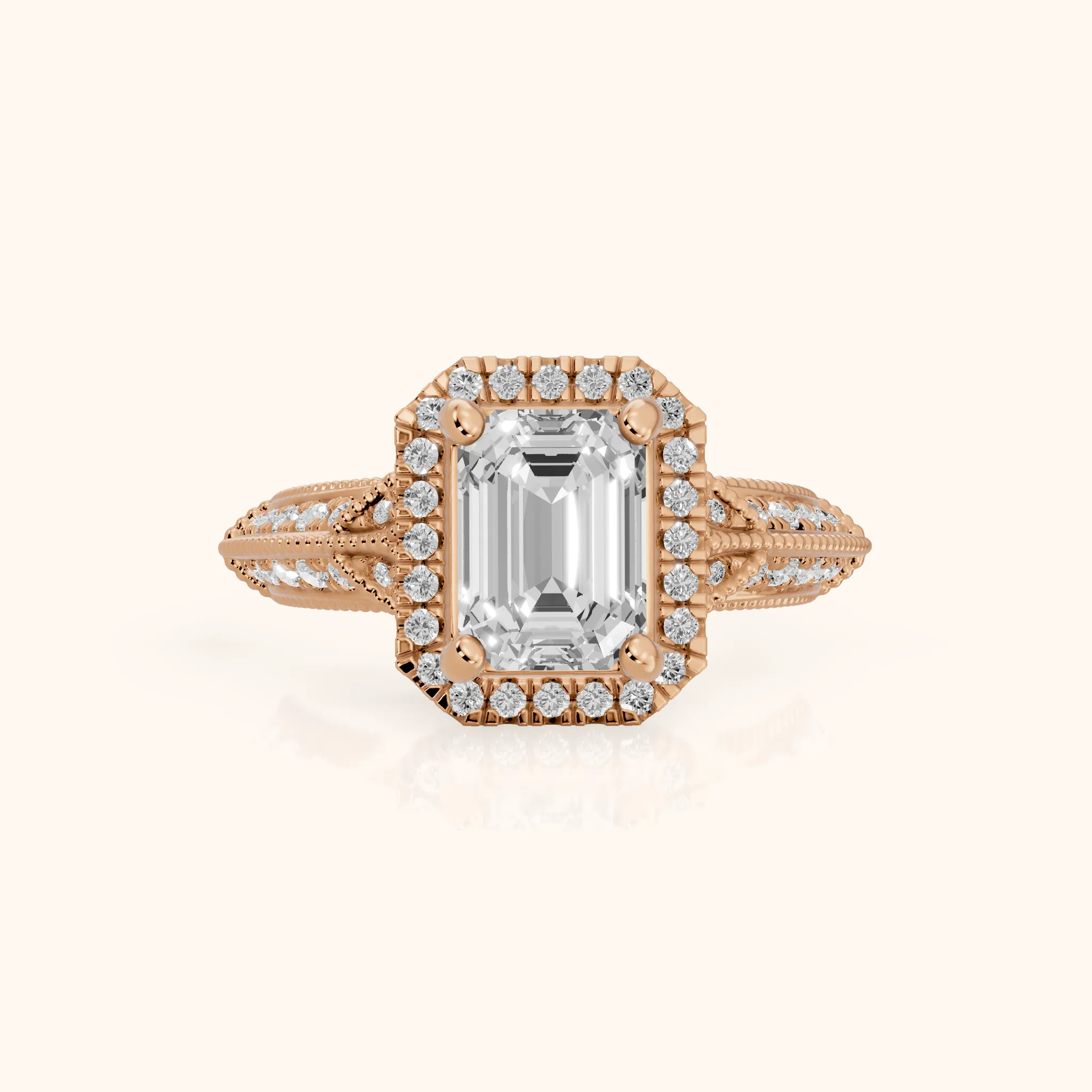 Logan Milgrain Halo Emerald Diamond Engagement Ring in Rose Gold — view 1