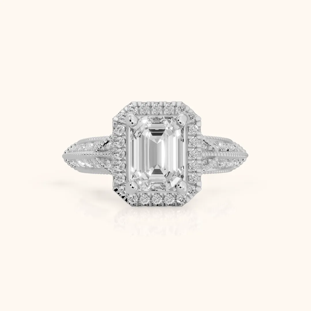 Logan Milgrain Halo Emerald Diamond Engagement Ring in Silver — view 2