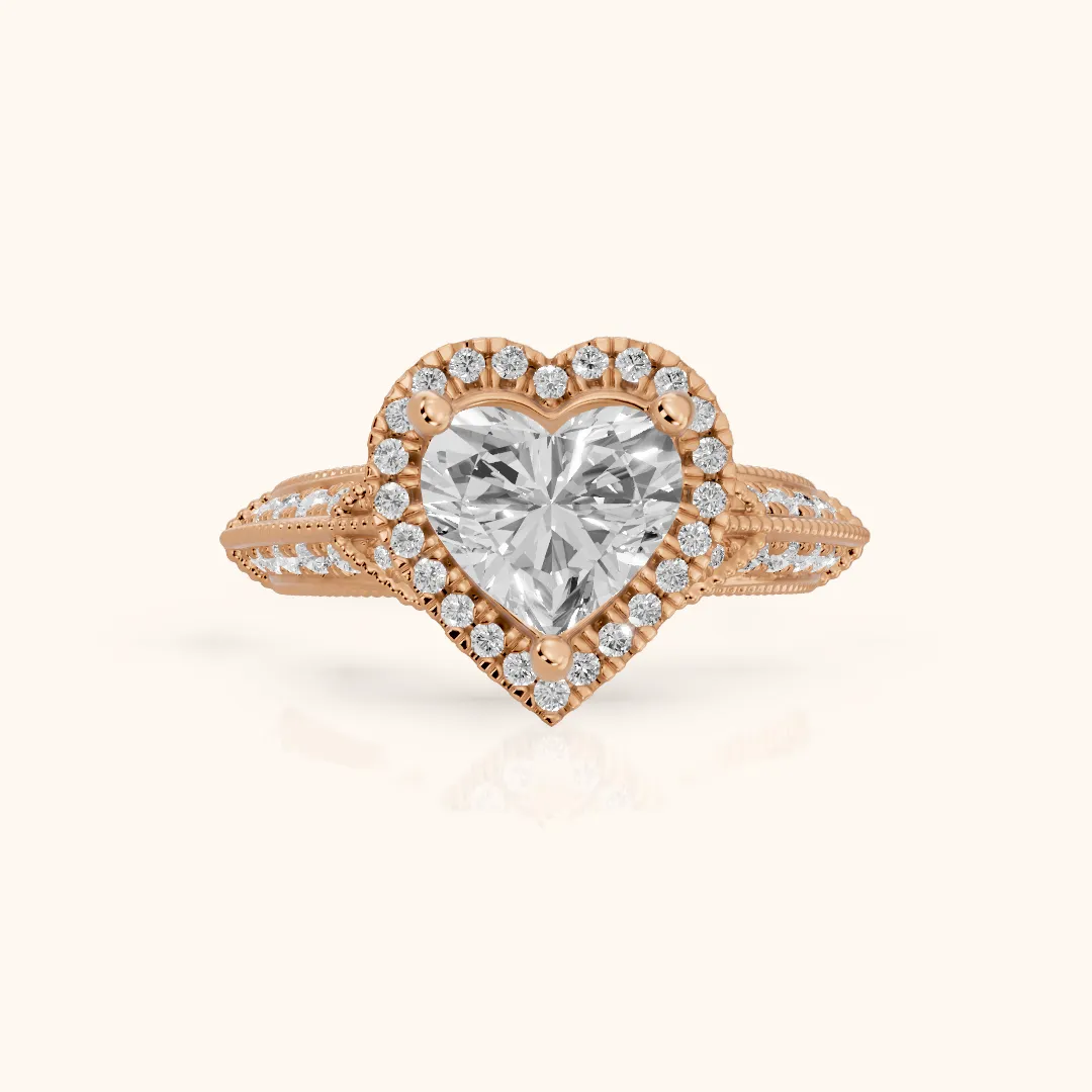Logan Milgrain Halo Heart Diamond Engagement Ring in Rose Gold — view 2