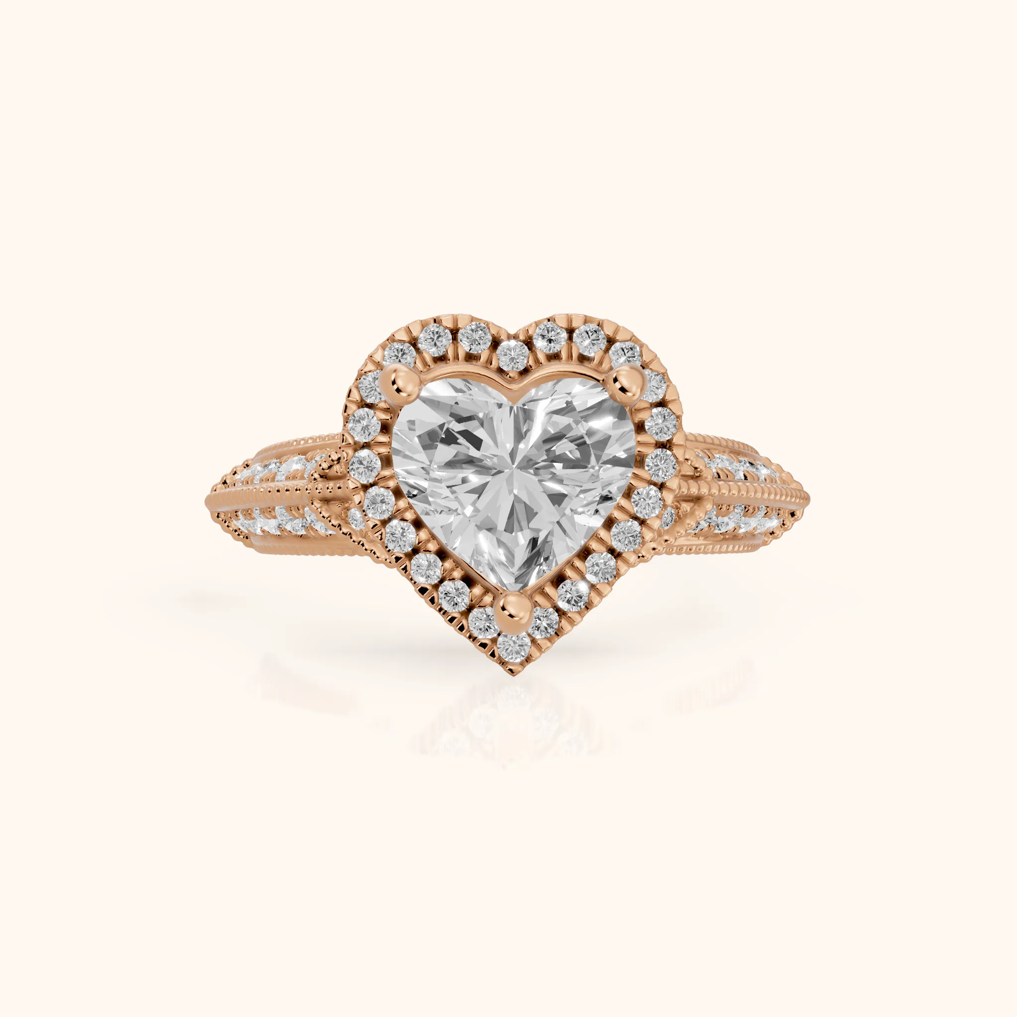 Logan Milgrain Halo Heart Diamond Engagement Ring in Rose Gold — view 1
