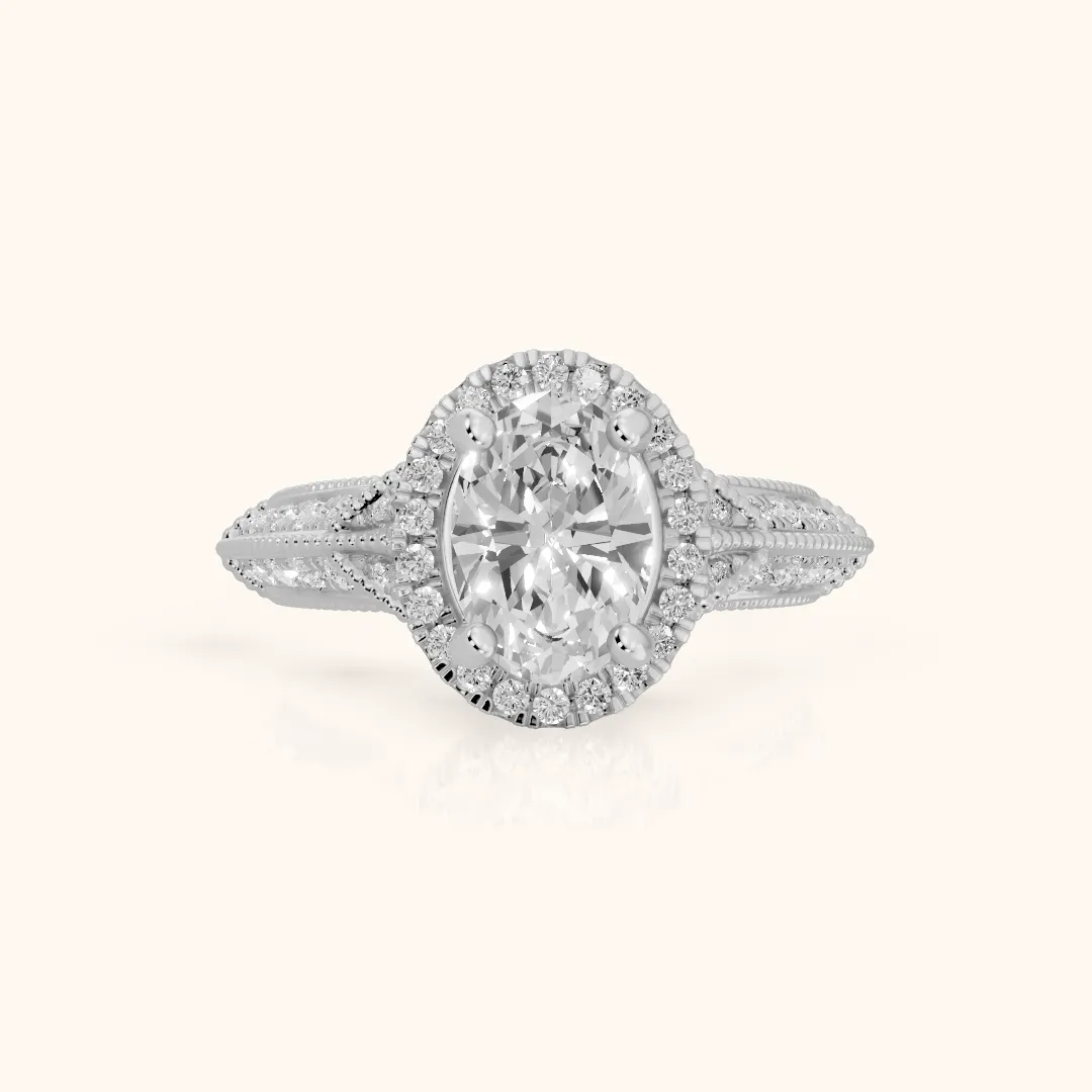 Logan Milgrain Halo Oval Diamond Engagement Ring in White Gold — view 2