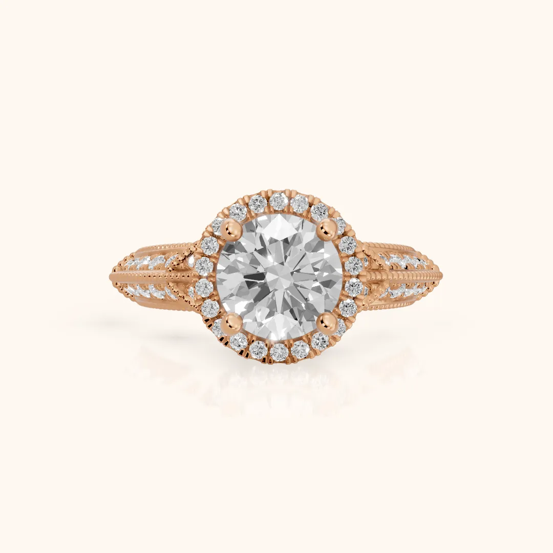 Logan Milgrain Halo Round Diamond Engagement Ring in Rose Gold — view 2