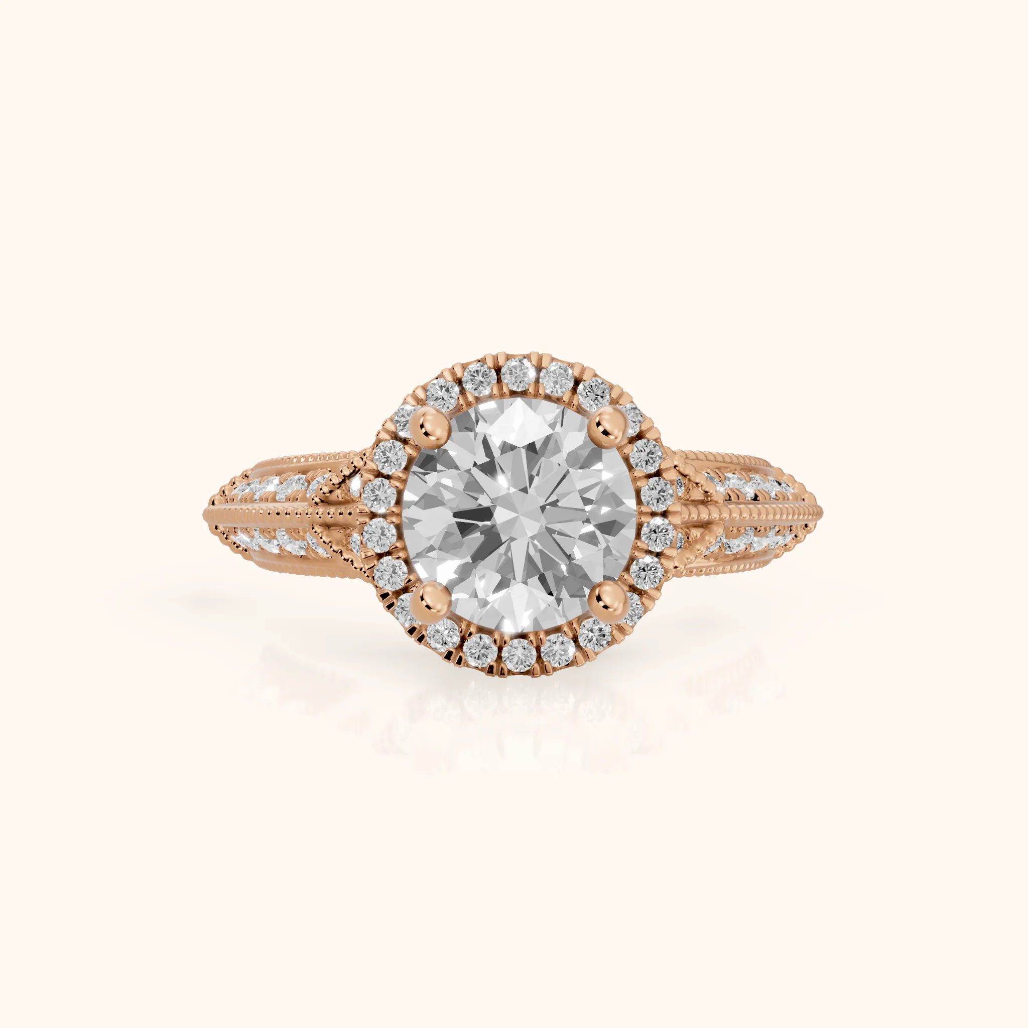 Logan Milgrain Halo Round Diamond Engagement Ring in Rose Gold — view 1