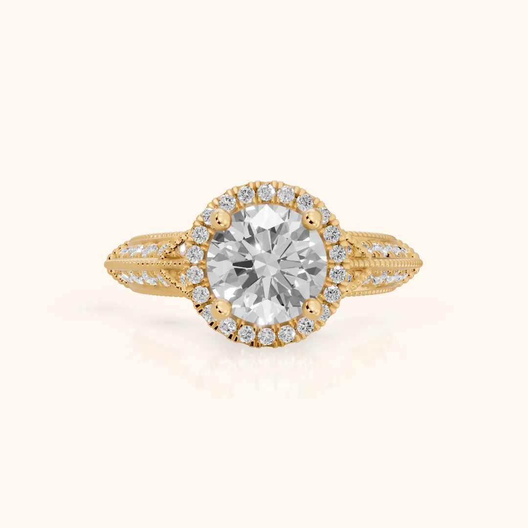 Logan Milgrain Halo Round Diamond Engagement Ring in Yellow Gold — view 2