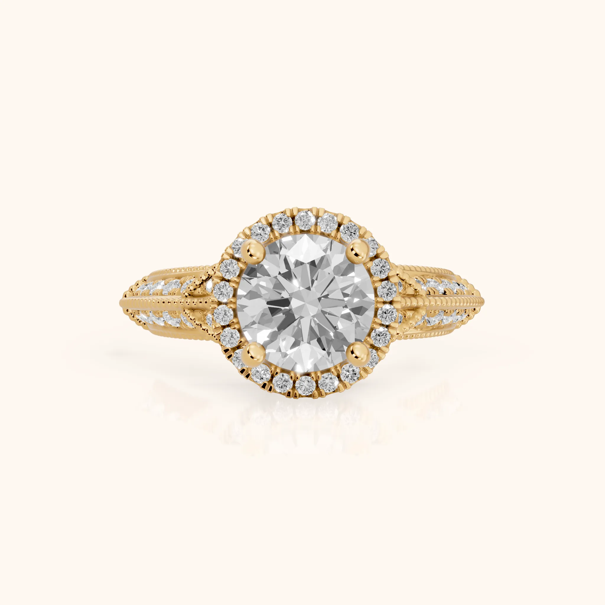 Logan Milgrain Halo Round Diamond Engagement Ring in Yellow Gold — view 1