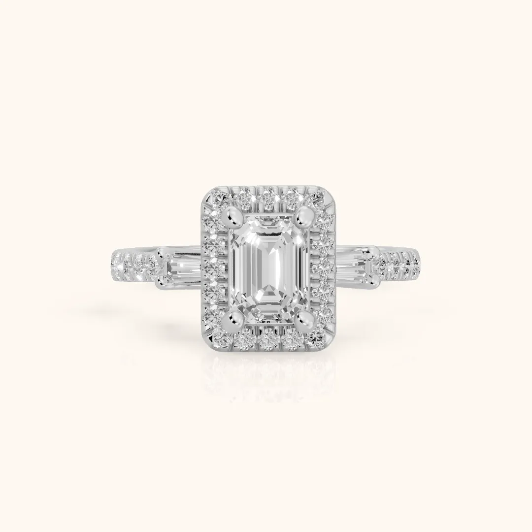 Provo Baguette Halo Emerald Diamond Engagement Ring in Platinum — view 2