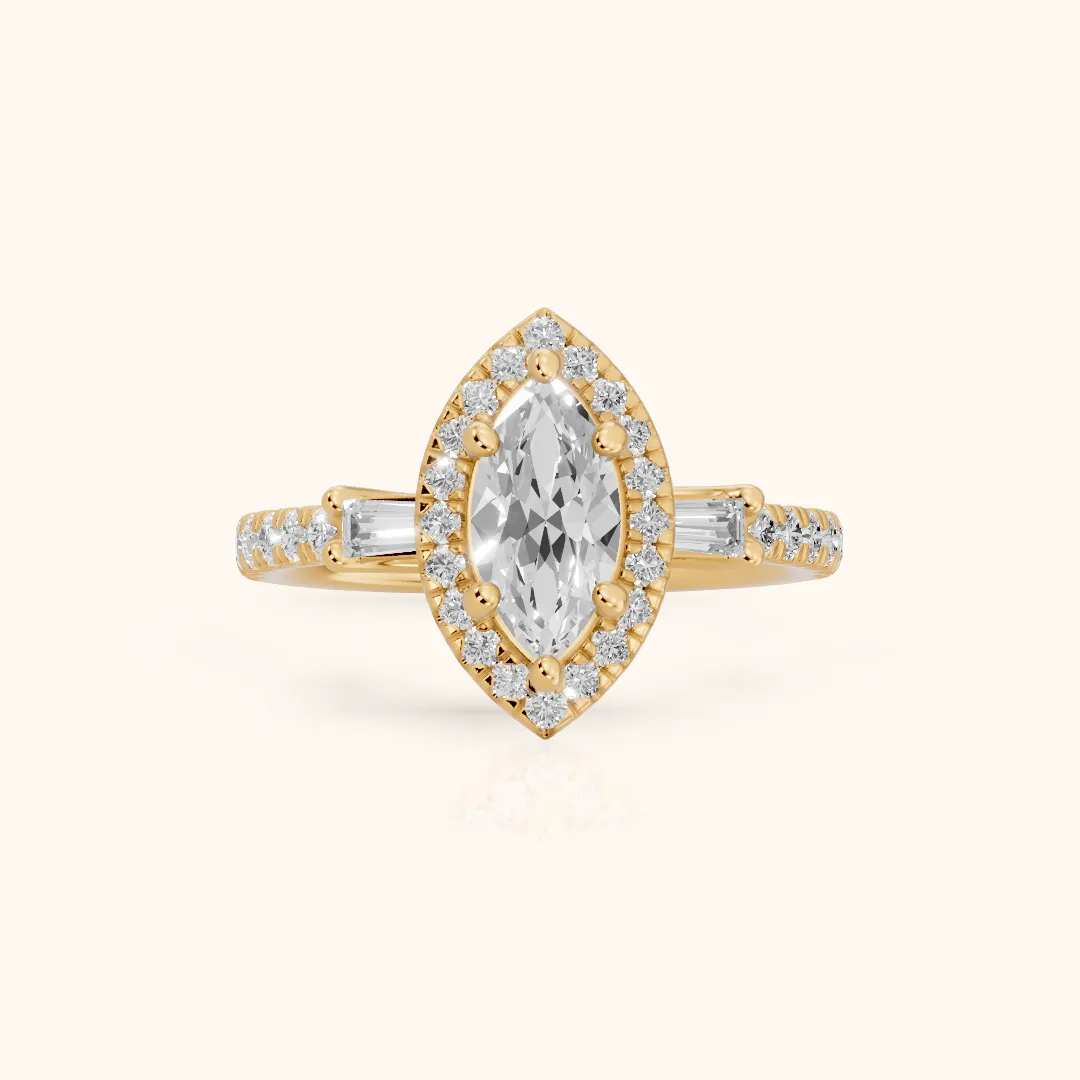 Provo Baguette Halo Marquise Diamond Engagement Ring in Yellow Gold — view 2