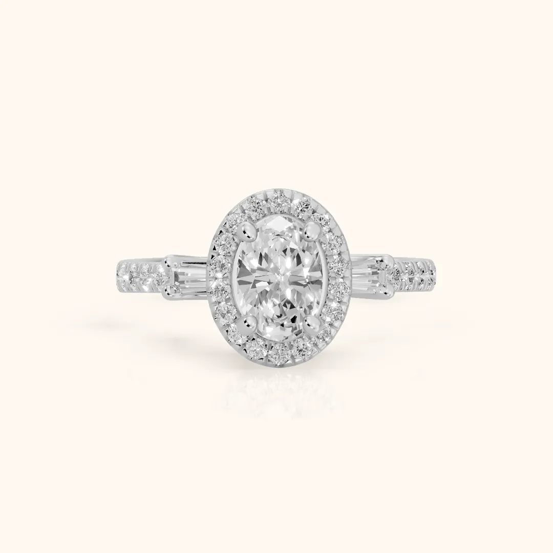 Provo Baguette Halo Oval Diamond Engagement Ring in Silver — view 2