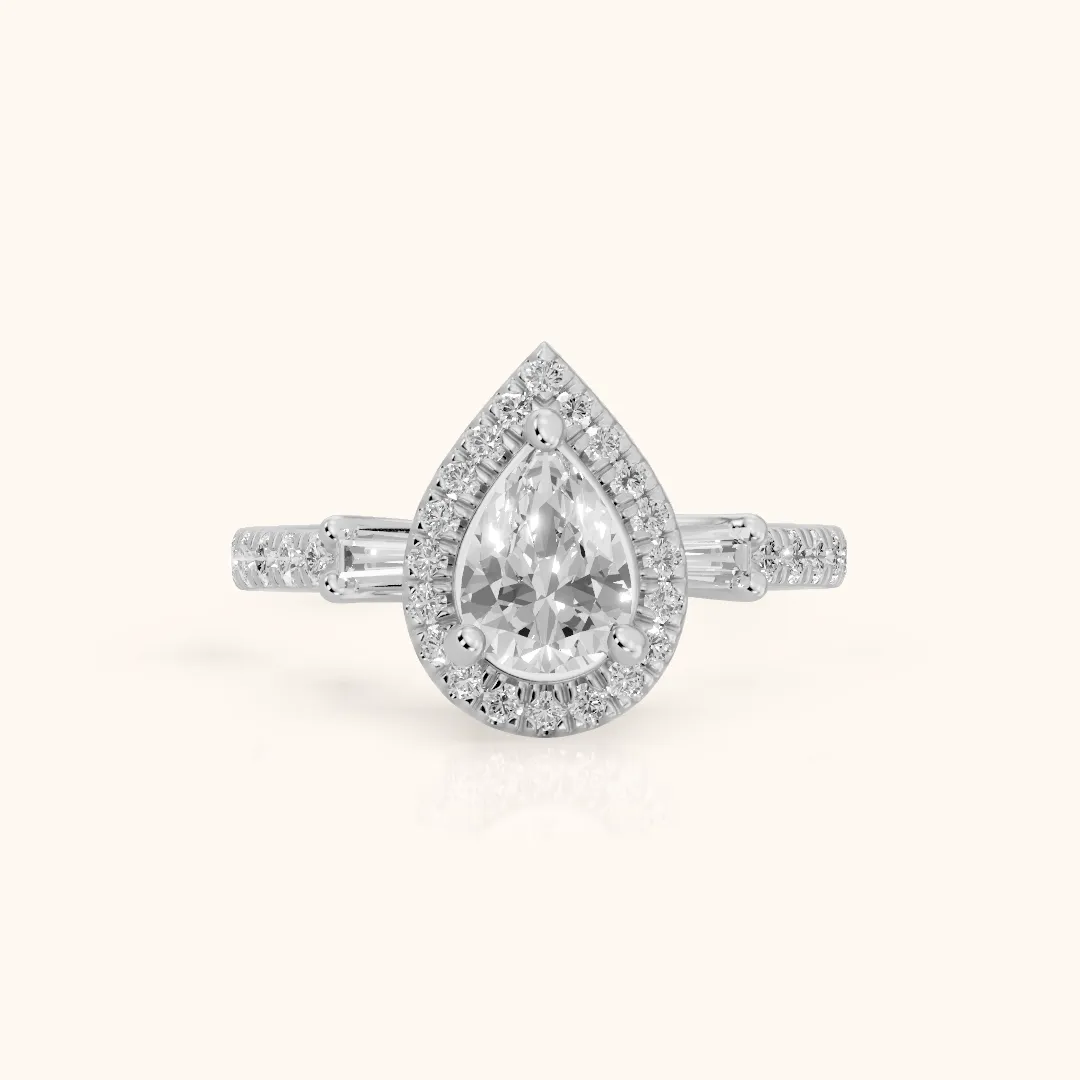 Provo Baguette Halo Pear Diamond Engagement Ring in Silver — view 2
