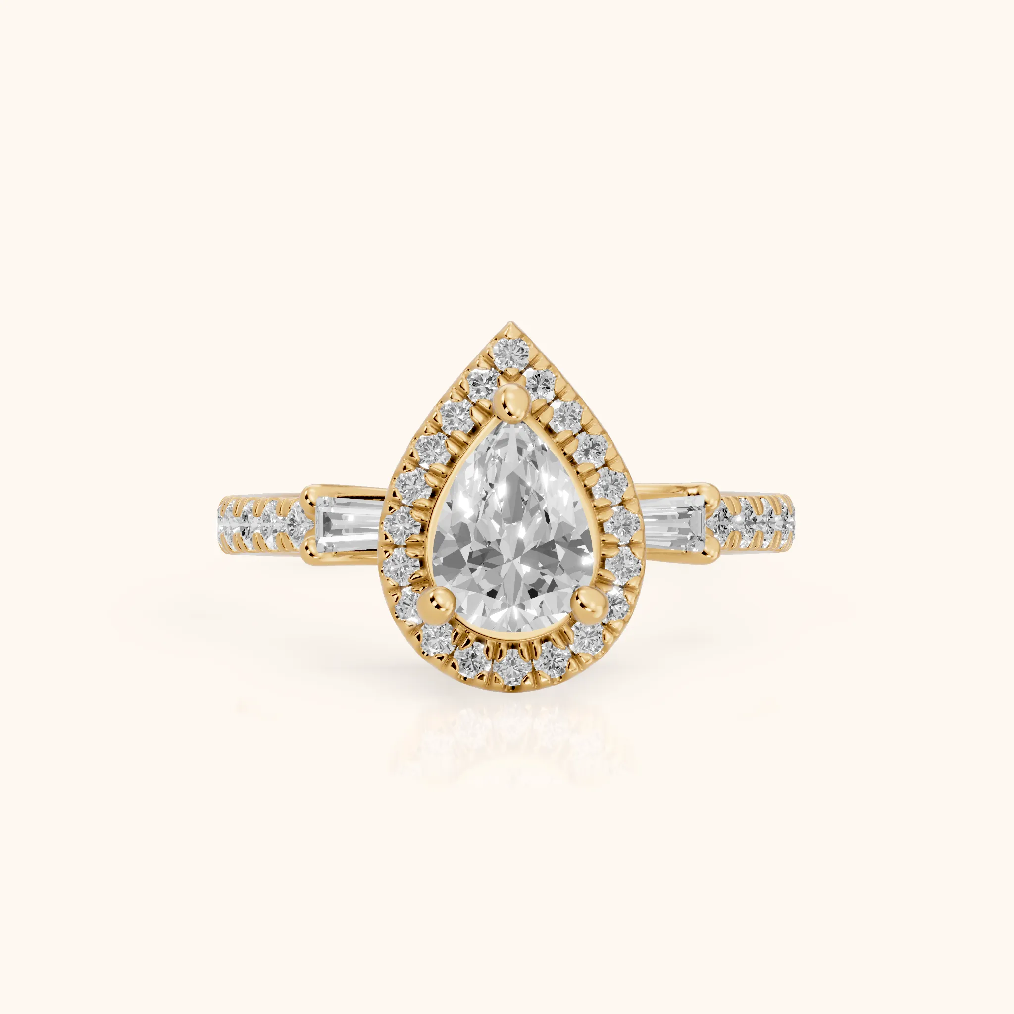 Provo Baguette Halo Pear Diamond Engagement Ring in Yellow Gold — view 1