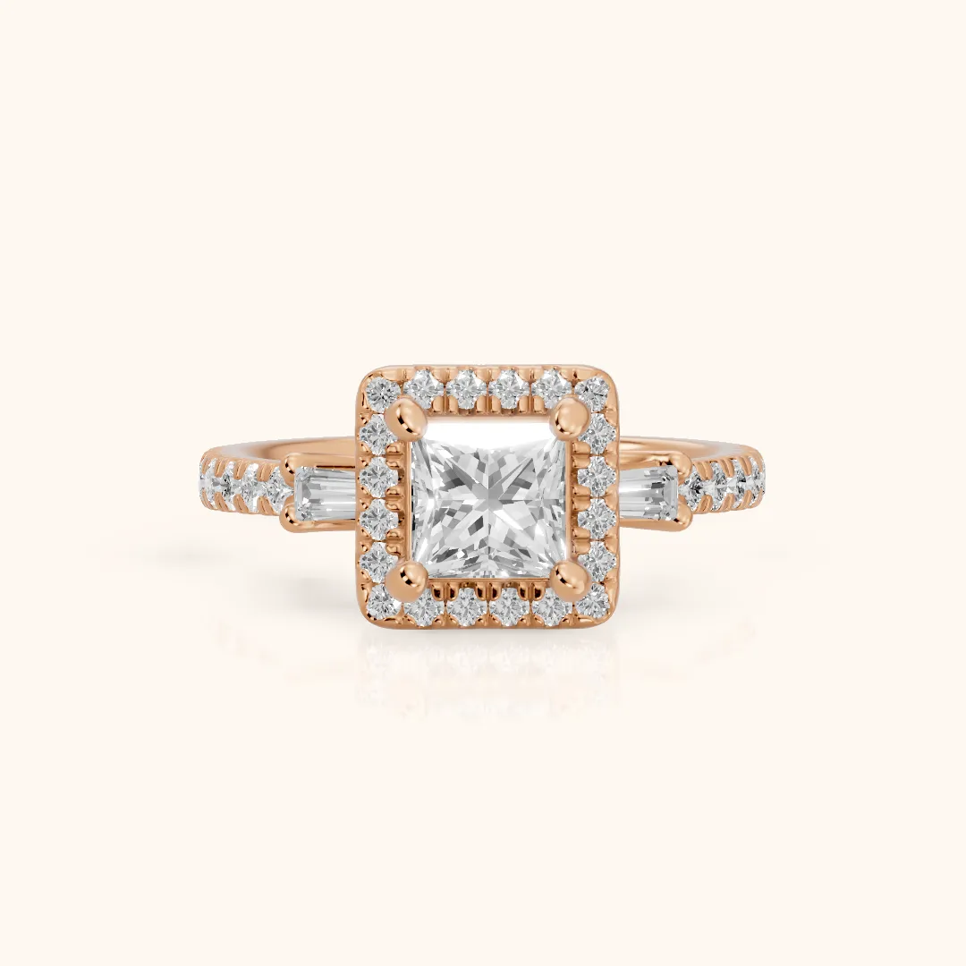 Provo Baguette Halo Princess Diamond Engagement Ring in Rose Gold — view 2