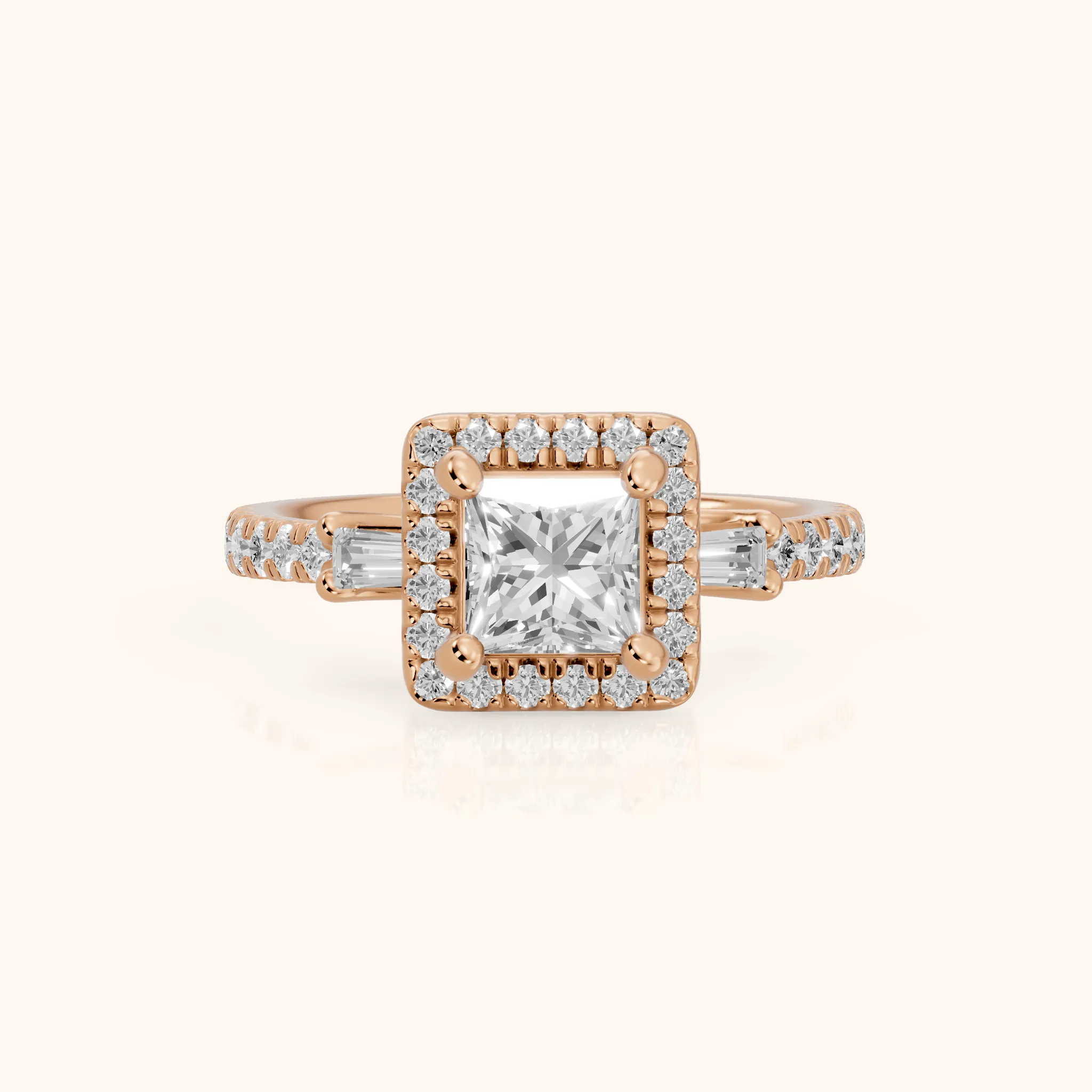 Provo Baguette Halo Princess Diamond Engagement Ring in Rose Gold — view 1