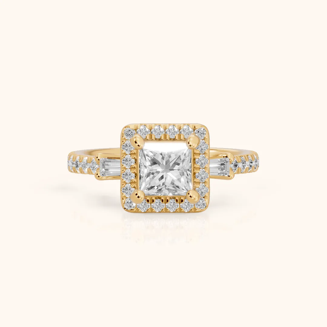 Provo Baguette Halo Princess Diamond Engagement Ring in Yellow Gold — view 2