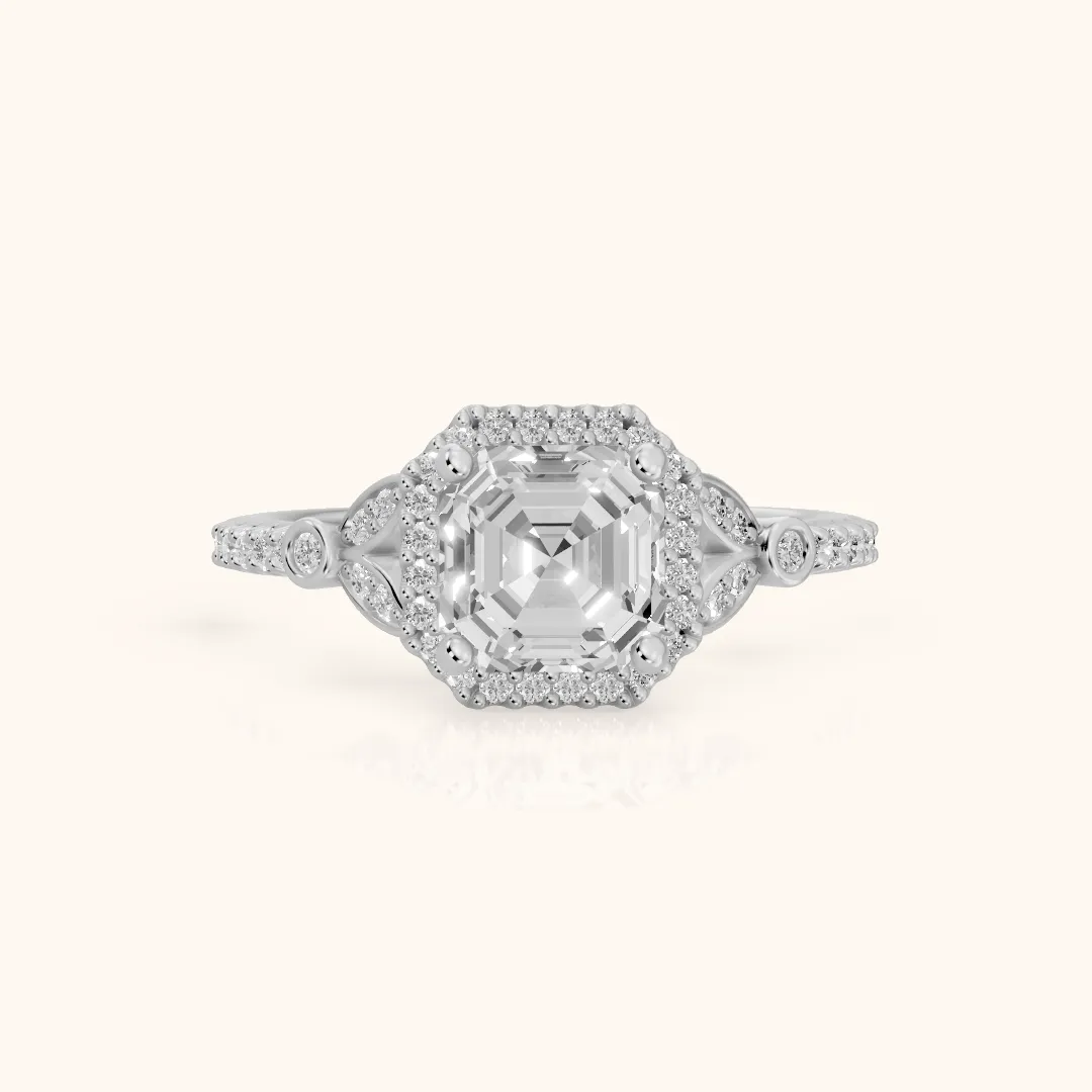 Sitka Leaf Halo Asscher Diamond Engagement Ring in White Gold — view 2