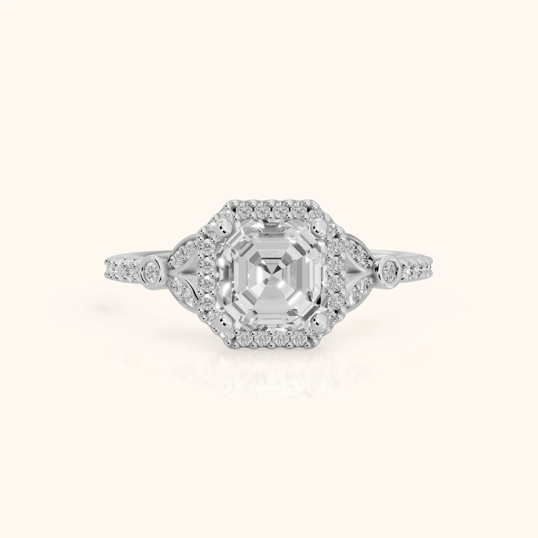 Sitka Leaf Halo Asscher Diamond Engagement Ring in White Gold — view 1